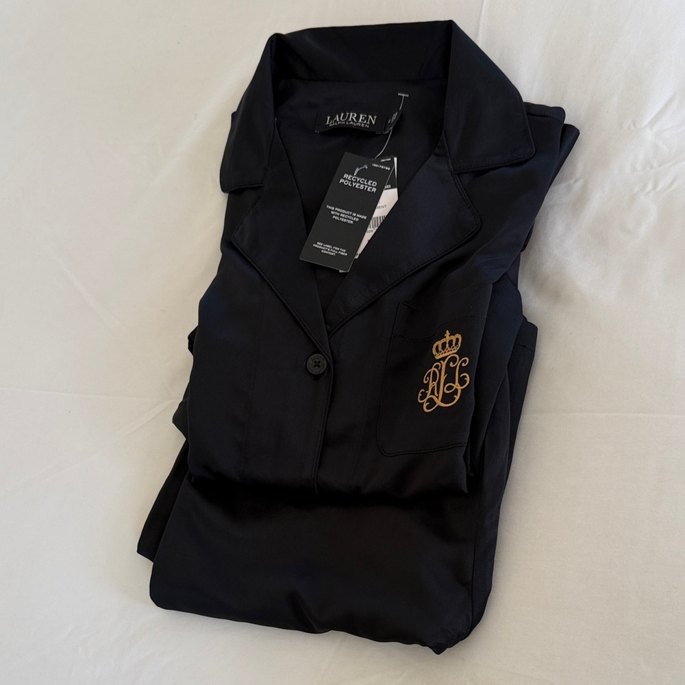 Lauren Ralph Lauren Black Satin Pajama Set with Gold Crest